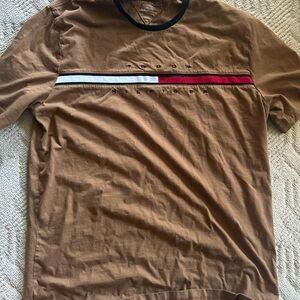 Tommy Hilfiger Men's Brown T-Shirt with Red and White Accents